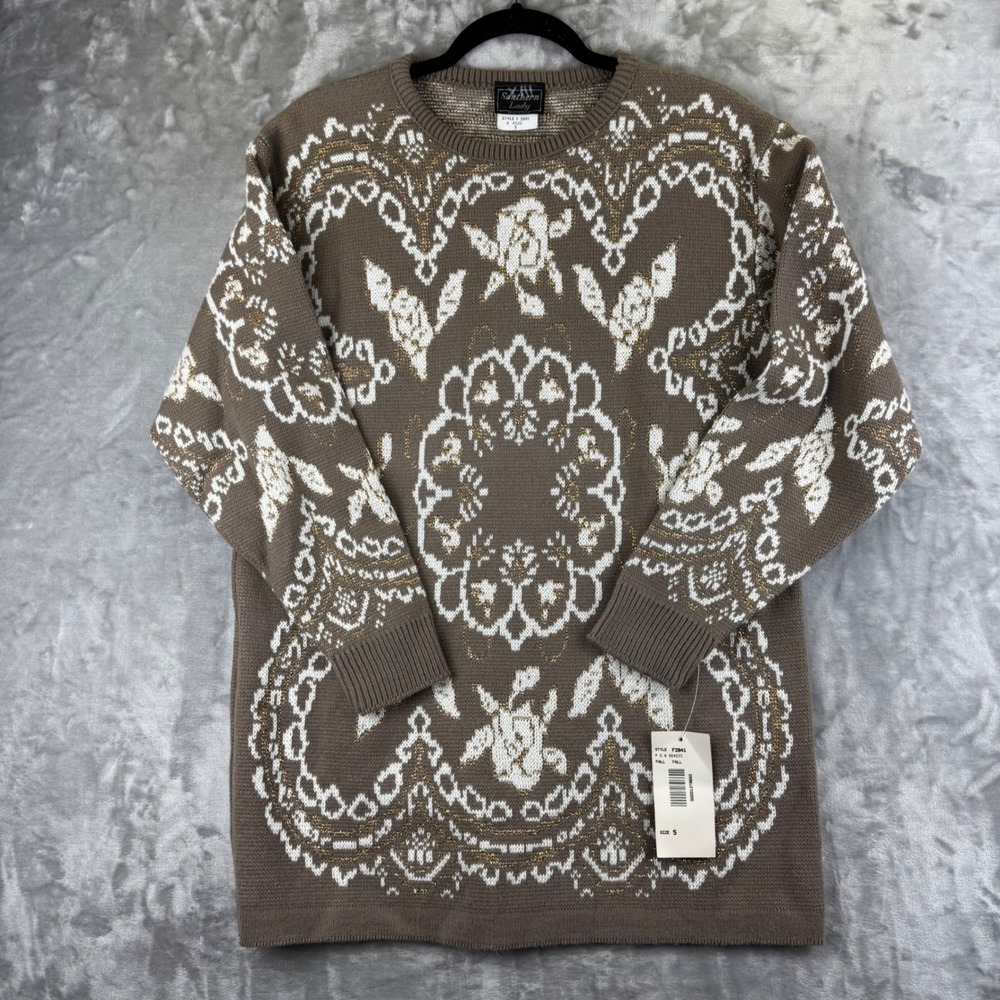 NWT Southern Lady Sweater Womens S Brown Floral Metallic Knit Crew‎ Neck (1644)